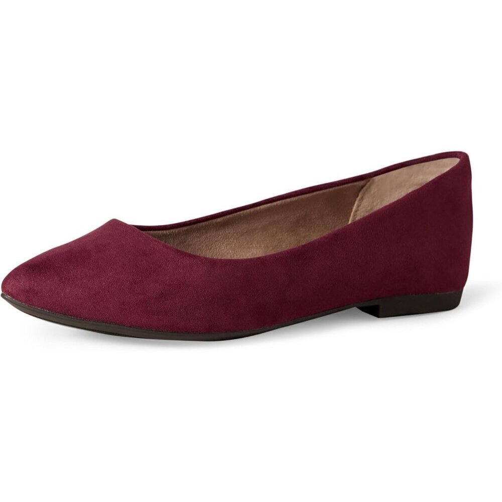 Womens Maroon Faux Leather Closed Pointed-Toe Low Heel Slip On Ballet Shoes